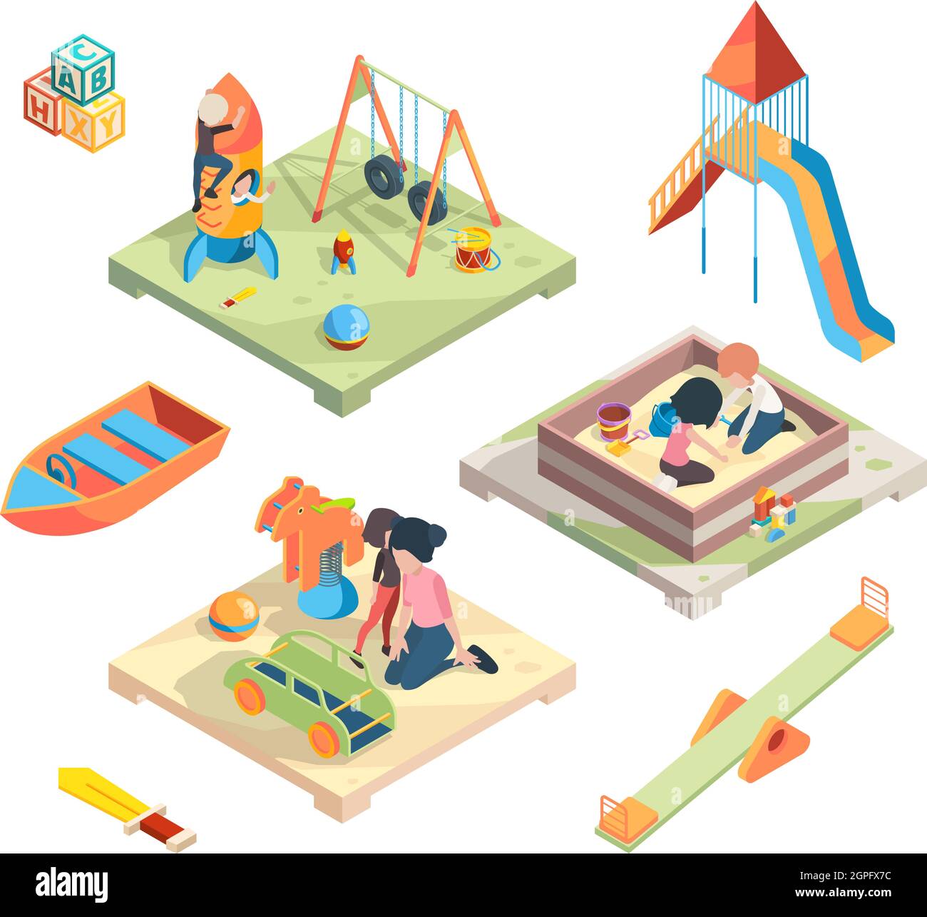 Playground isometric. Place for funny games kids preschool playing with babysitter in amusement park toys vector pictures Stock Vector