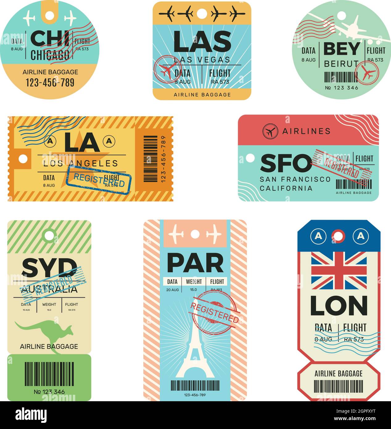 Baggage tags. Retro tickets for travellers luggage airplane stickers with stamps vector design templates Stock Vector