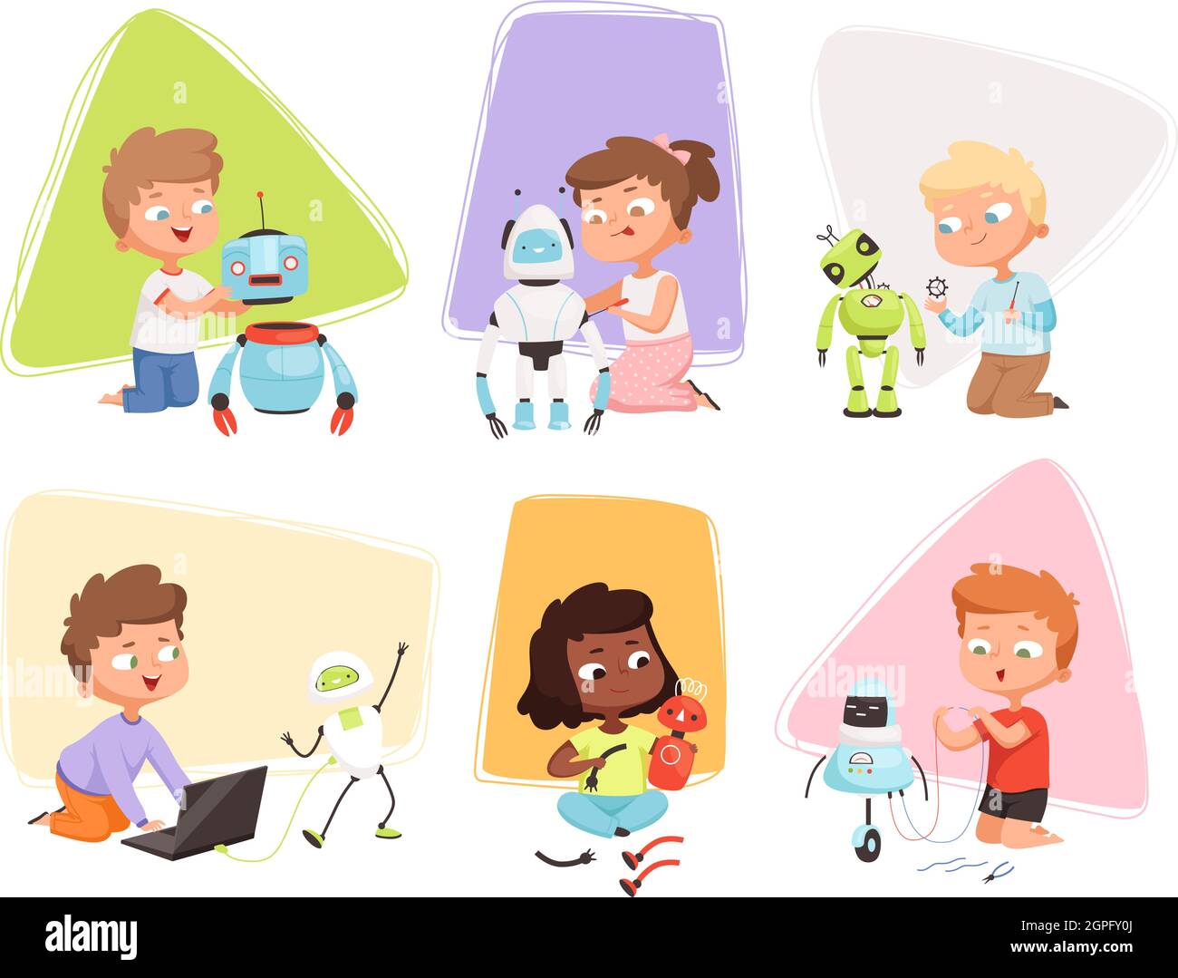 Kids and robots. Children programming coding smart toys repair research  educational process future technology vector characters Stock Vector Image  & Art - Alamy