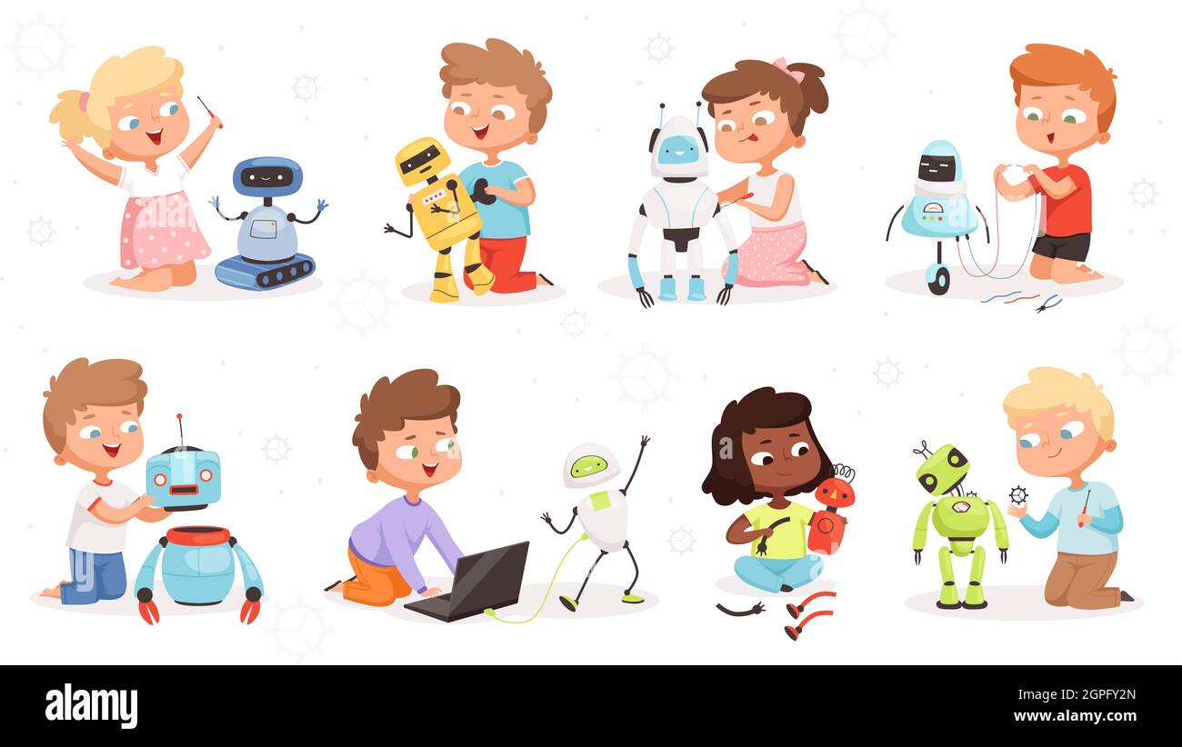 Kids robot programming. Future technology educational process children modelling or repair robotic toys vector science concept characters Stock Vector