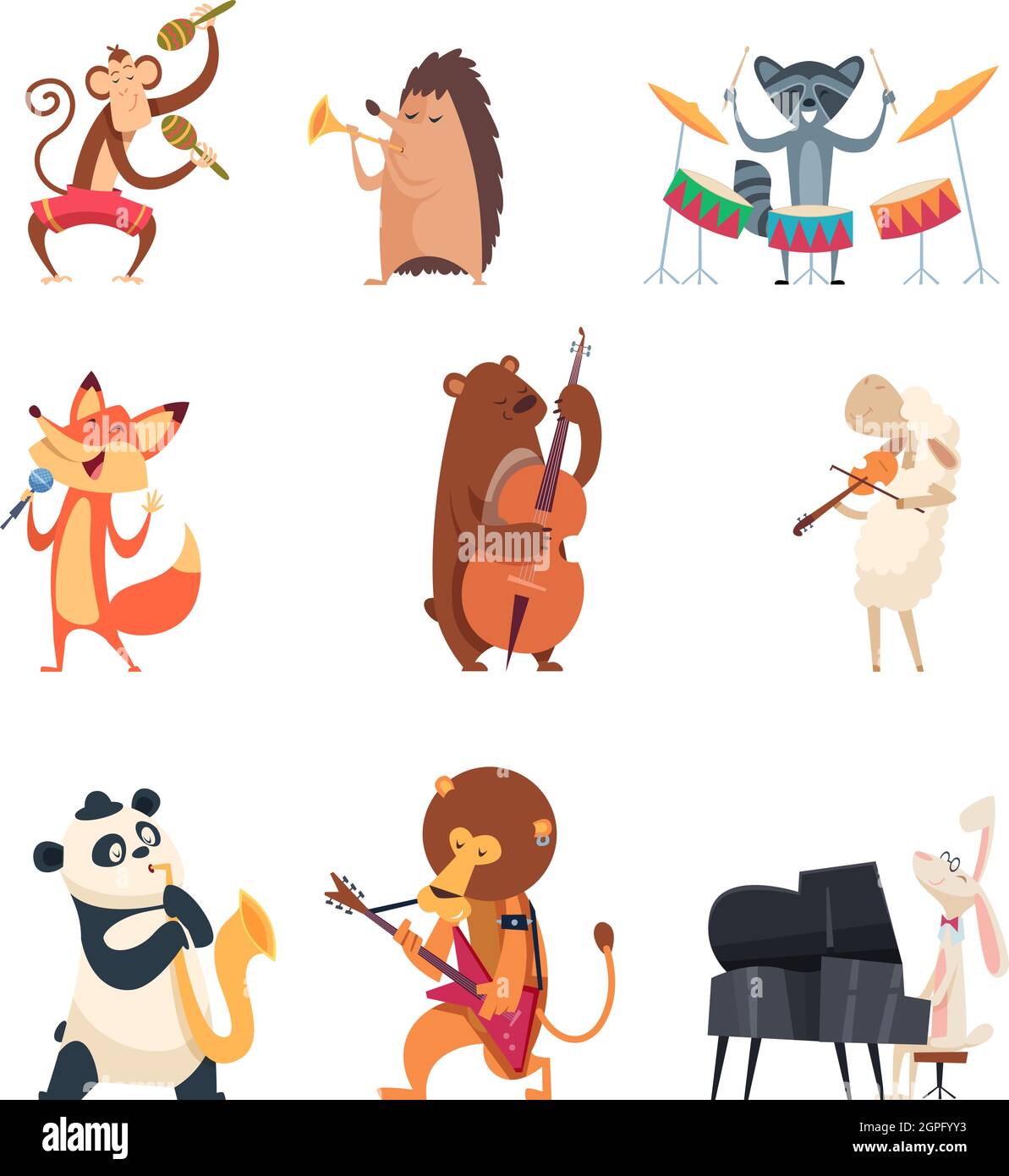 Animals with music instruments. Zoo musicians entertainment cute vocal song music band vector cartoon characters Stock Vector