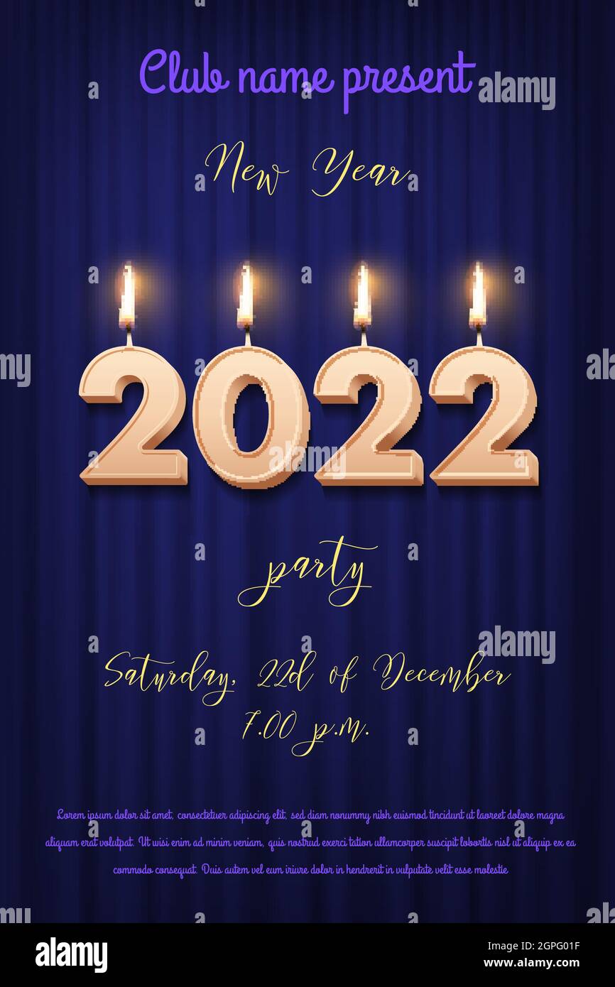 New year party invitation background vector illustration. Event celebration  flyer template with gold 2022 numbers with candle fire glow on blue theate  Stock Vector Image & Art - Alamy