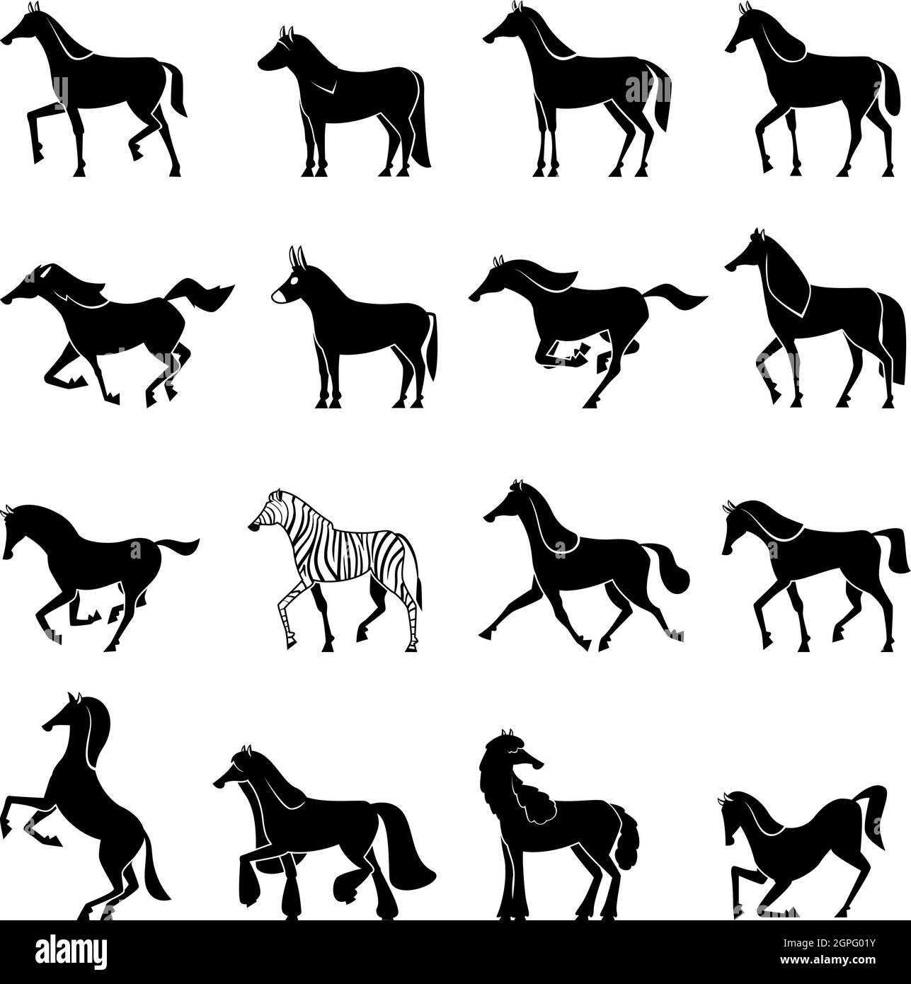 Horse silhouettes. Strong beautiful domestic animals horses in action poses running walking gallop jumping vector illustrations Stock Vector