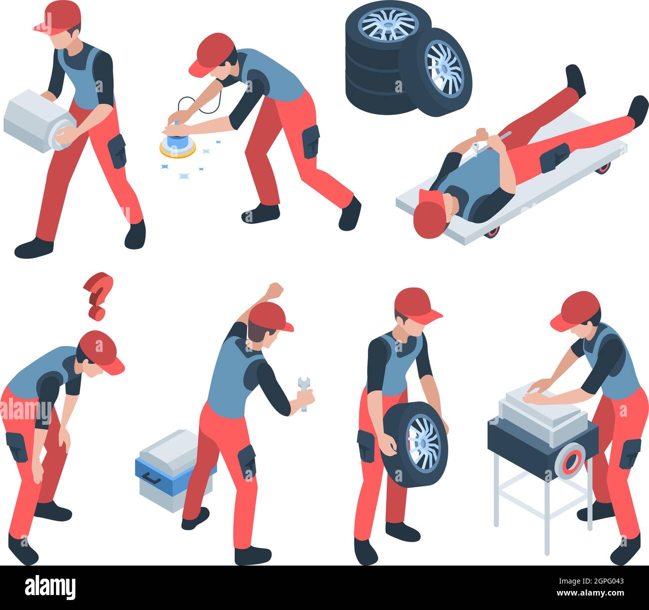 Auto service staff. People repairing engine wheels charging parts washing cars mechanic service workers vector isometric persons Stock Vector