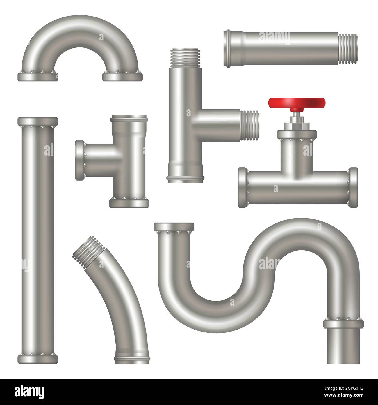 Steel pipes. Realistic picture of water tubes systems with cranes curved factory oil or gas pipelines vector set Stock Vector