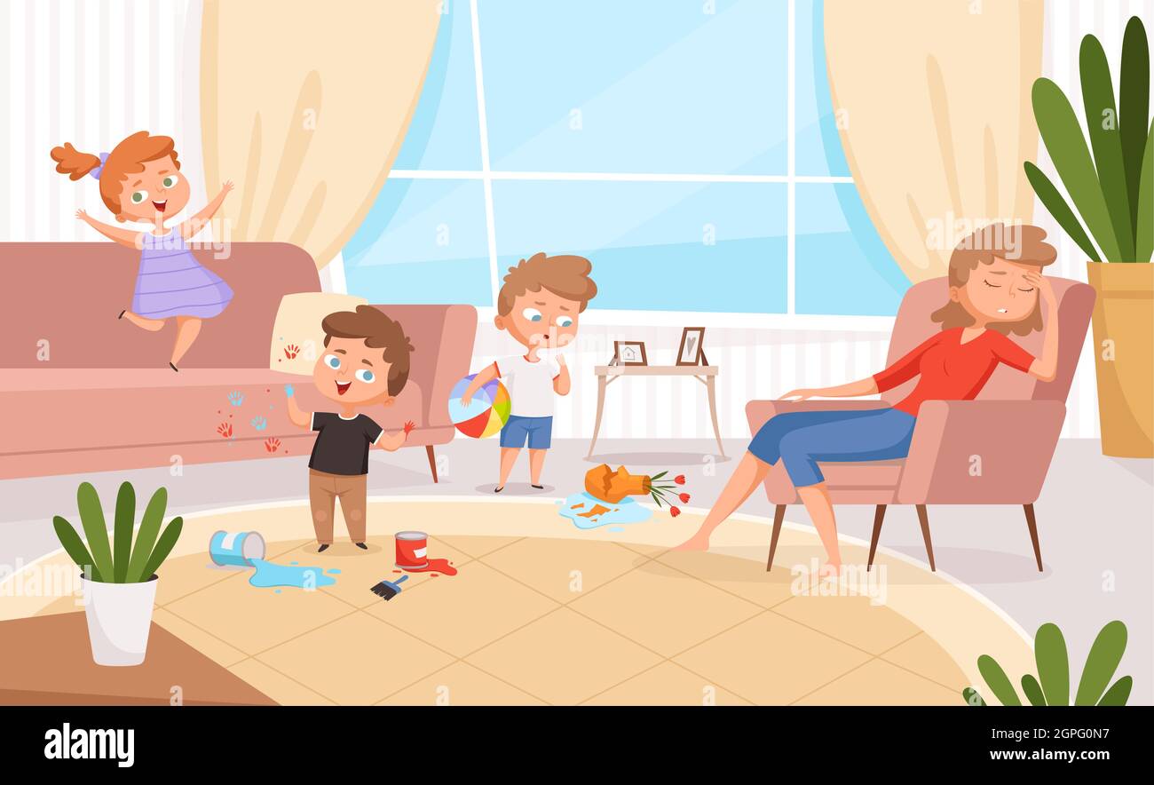 Active kids. Games in living room hyperactive messy kids playing and making troubles on sofa angry parents vector cartoon characters Stock Vector