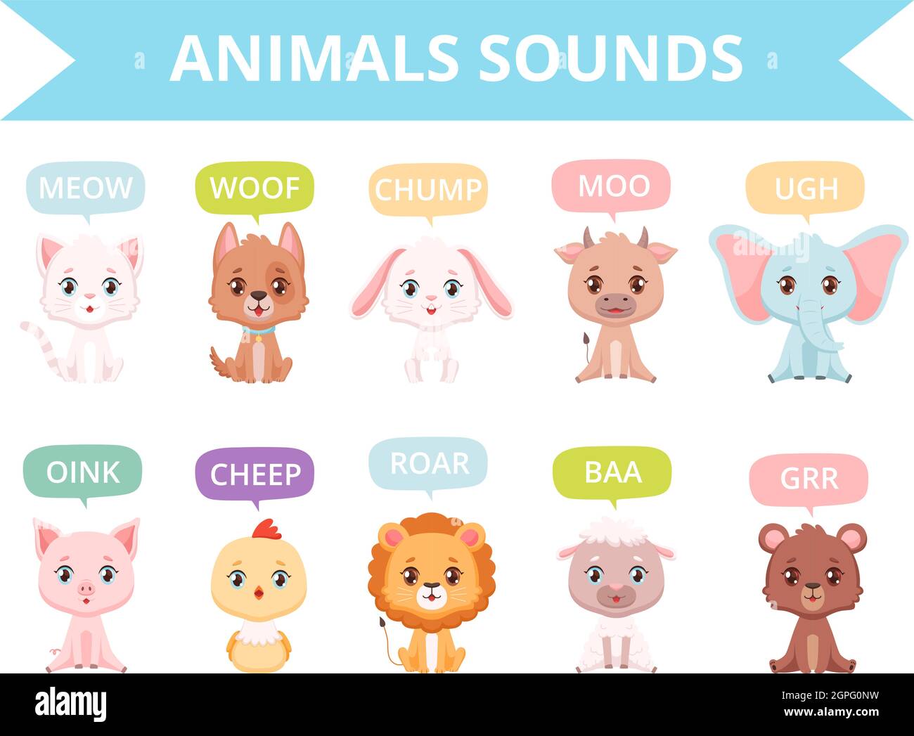 Animals sounds. Zoo birds cats dogs farm animals communication talking speaking words vector characters Stock Vector
