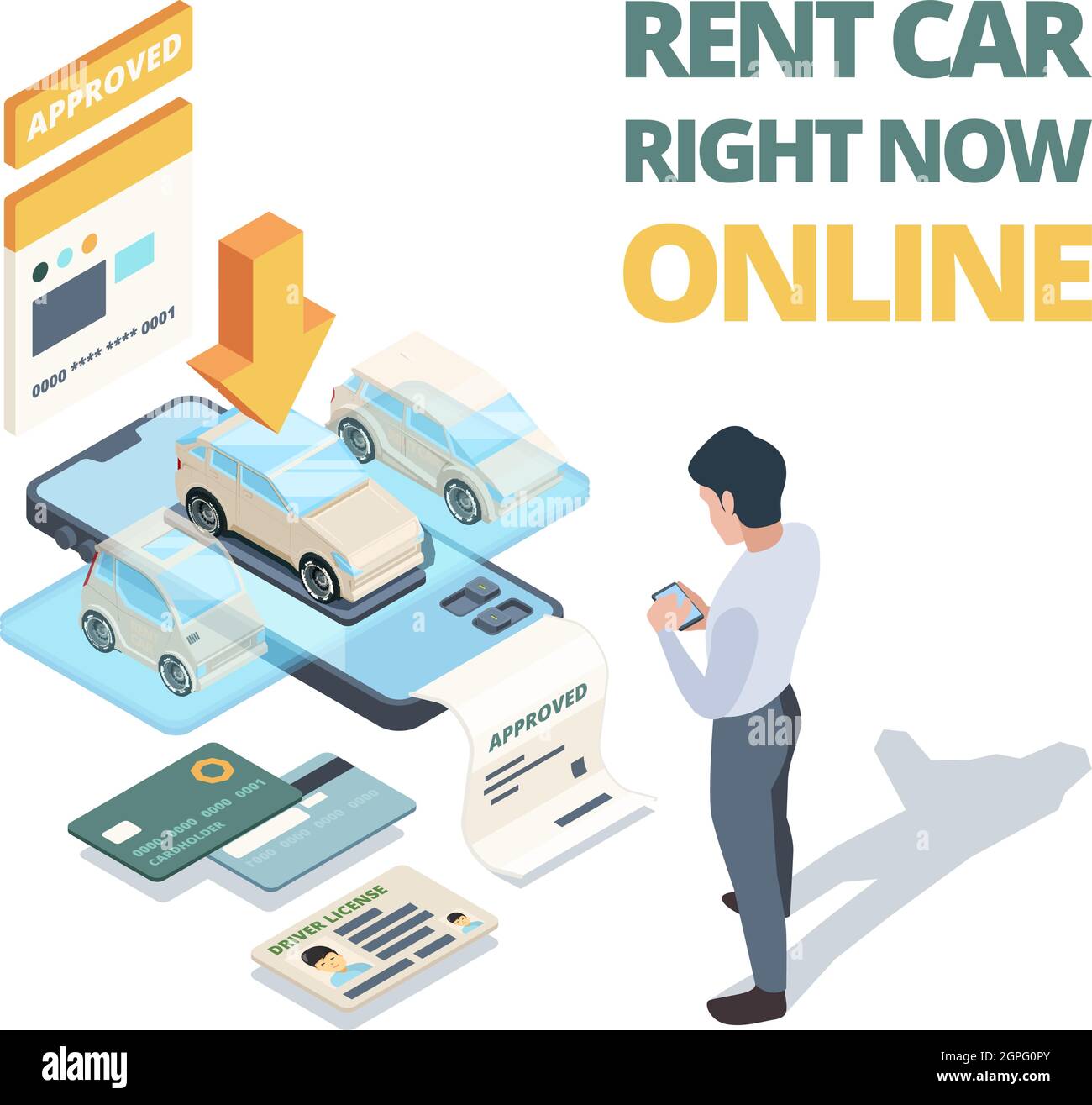 Rent car online. Digital buying automobile or car sharing service dealership online shopping vector isometric concept Stock Vector
