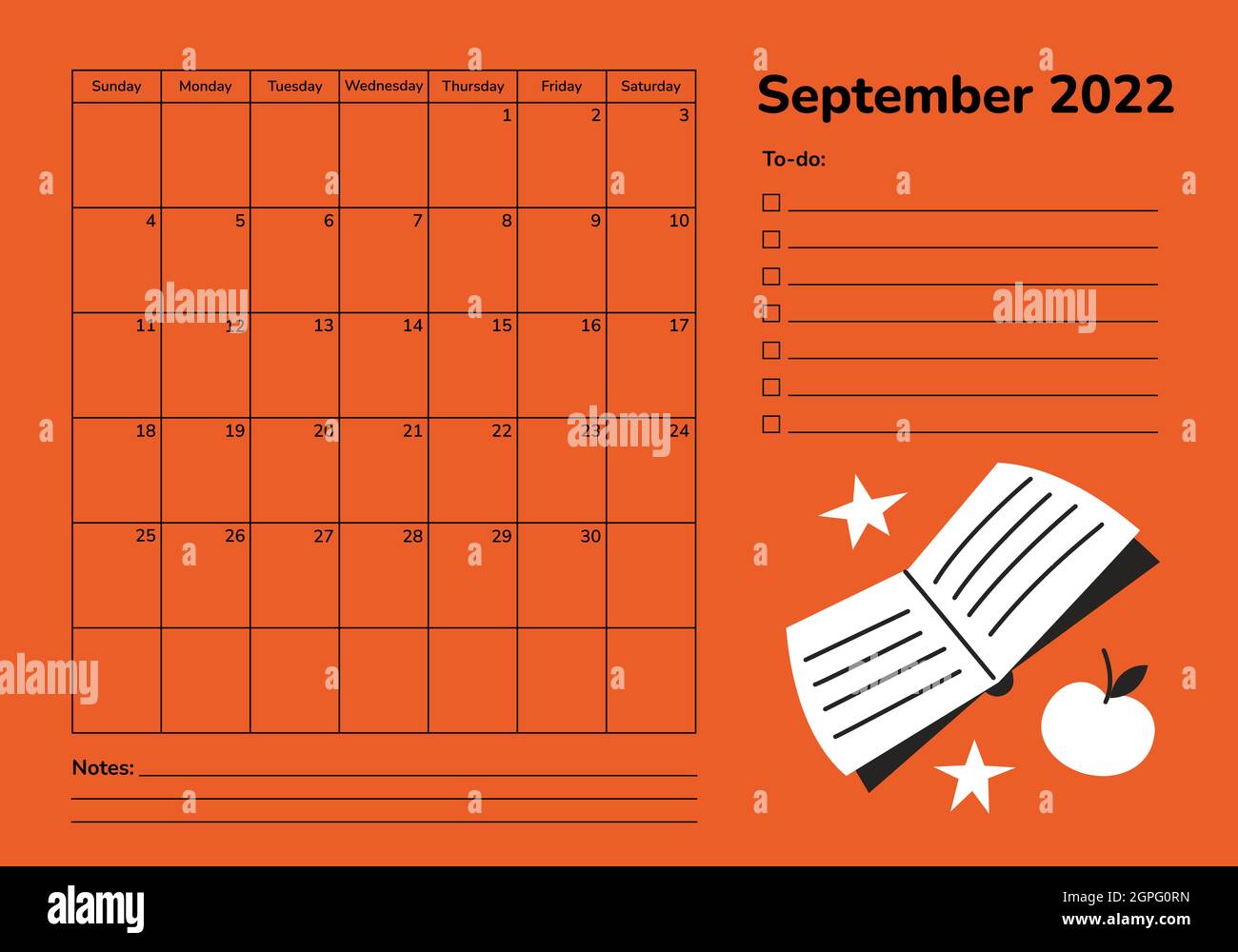 Horizontal planner 2022. September calendar page. Organizer scheduler