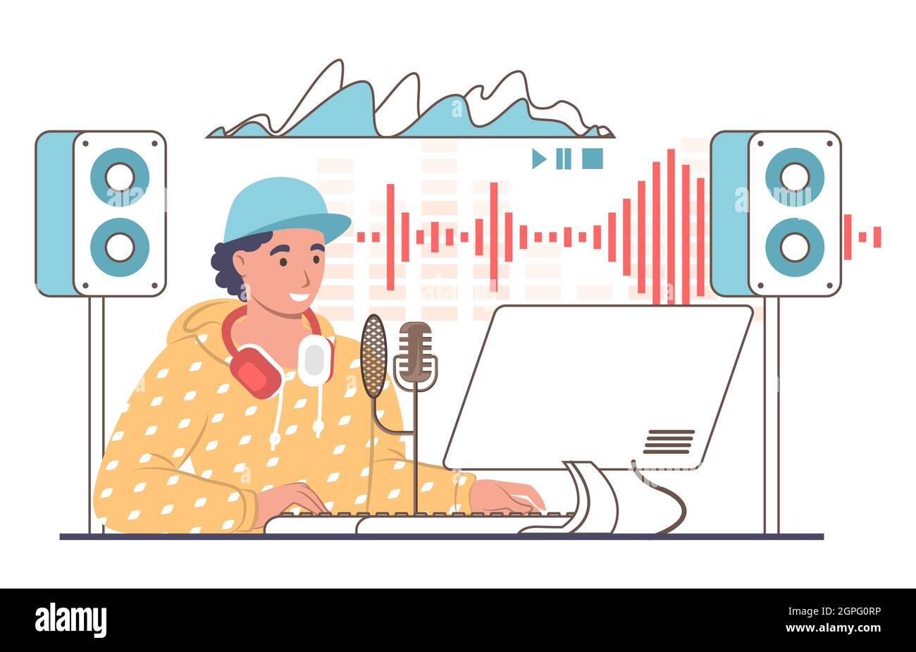 Sound designer, engineer creating sound tracks in studio, vector illustration. Professional