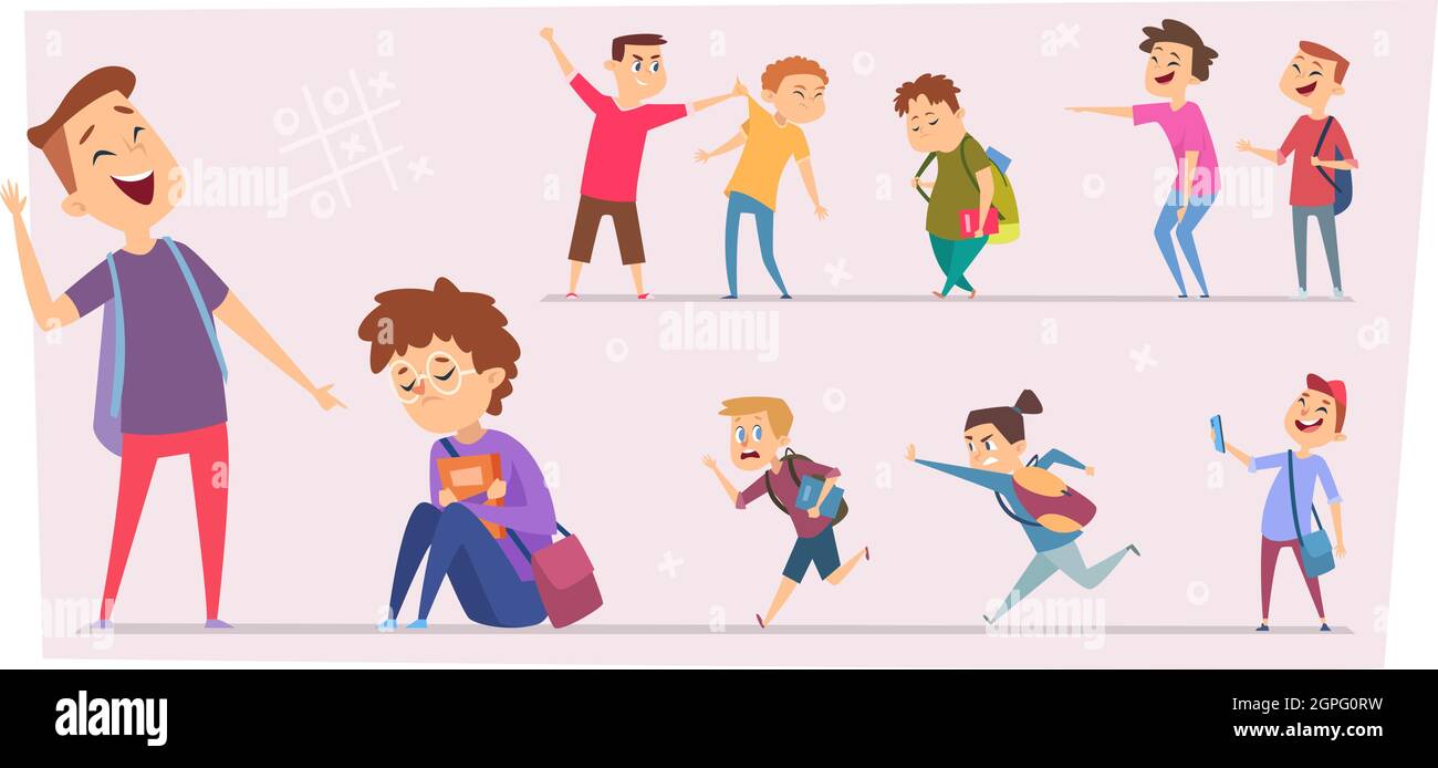 Bullying kids. Teasing stressed children conflict pupils in school little scare characters problem peoples vector set Stock Vector