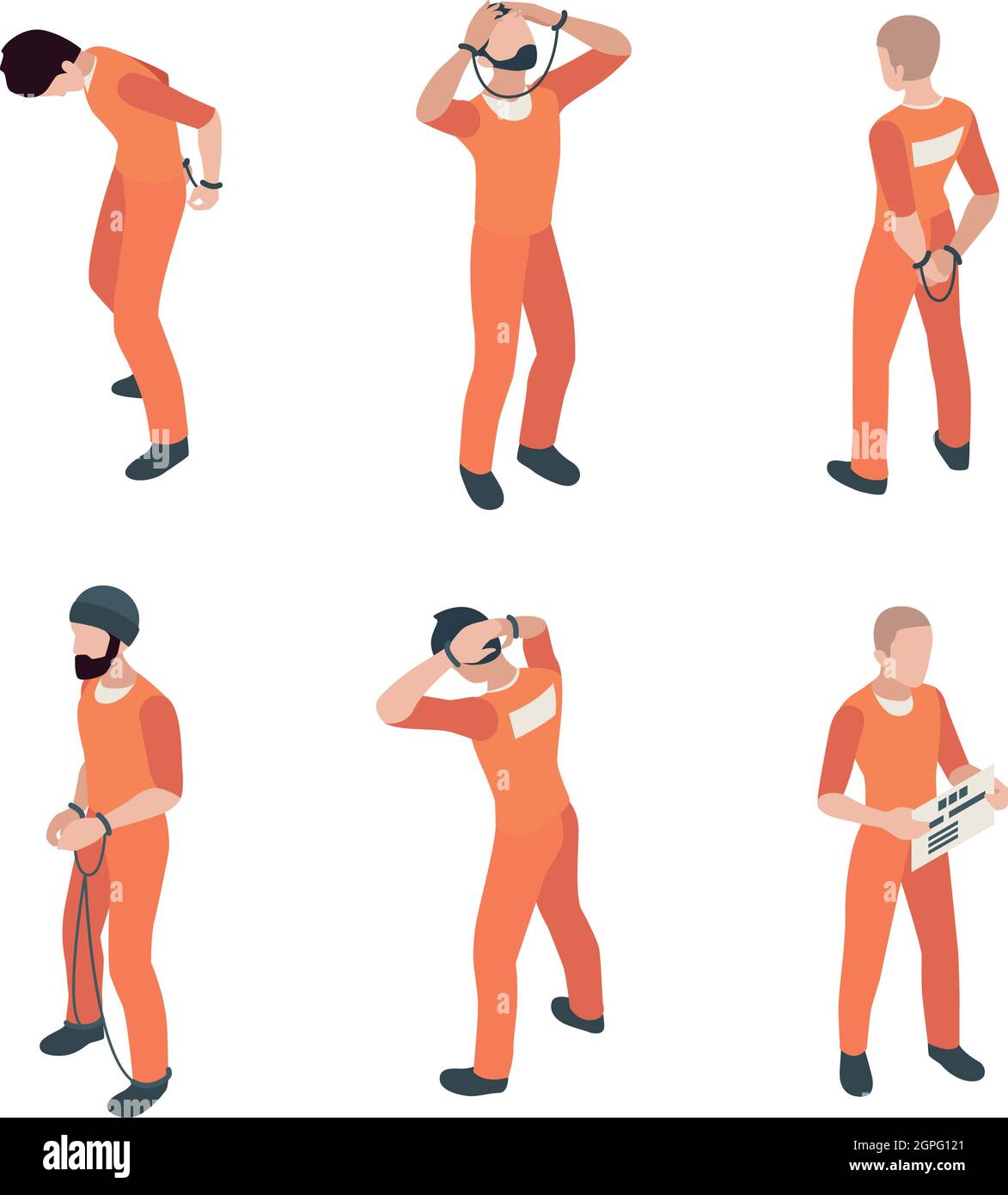 Prisoner characters. Jail guy bandit thief in specific costumes vector person in action poses Stock Vector