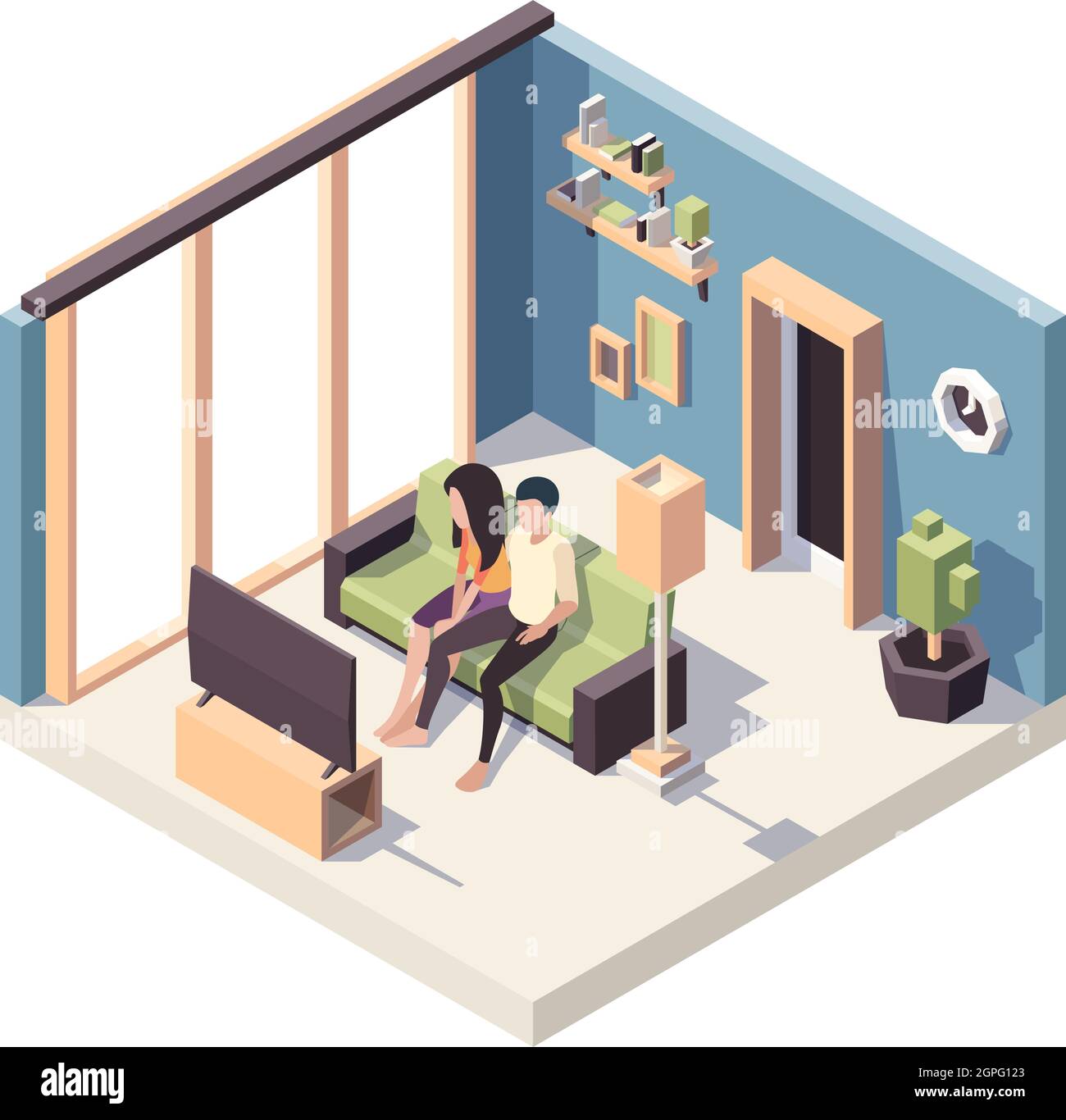 Family couple watching tv. Relax people sitting in sofa living room interior vector characters isometric Stock Vector