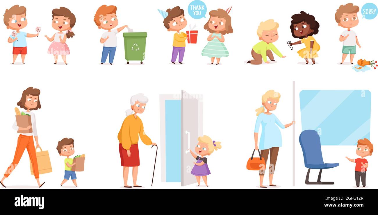 Behaving kids. Childrens with good manners helping to adult and otherness helpful respect vector characters Stock Vector