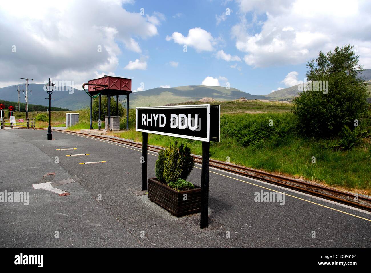 Rhyd Ddu Welsh Highland Railway station platform and water tower. With ...