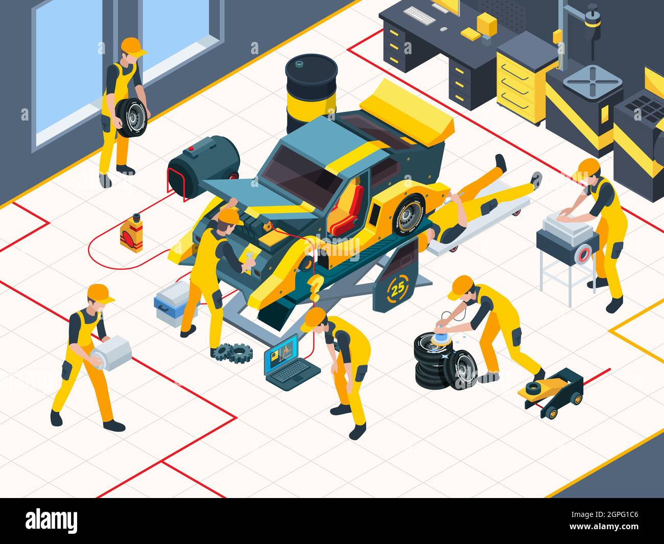 Car service. Workers mechanic repairing automobile change engine and wheels in garage interior vector inspection team isometric Stock Vector