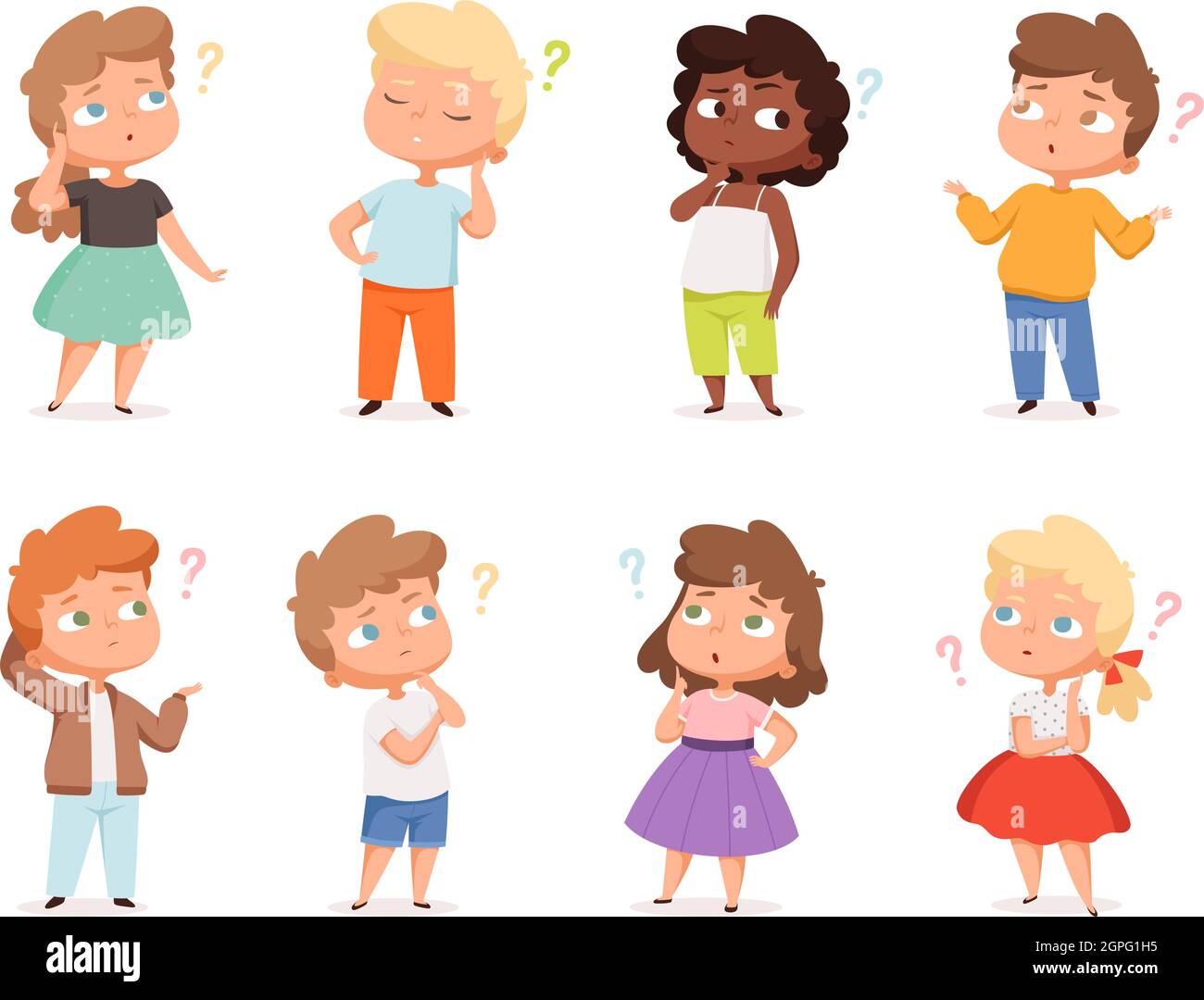Question expression kids. Little genius high iq teenagers with question marks thinking vector illustrations Stock Vector