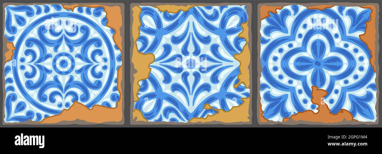 Portuguese azulejo vintage ceramic tile pattern. Old grunge background with chipped enamel tile. Italian pottery or spanish majolica. Stock Vector
