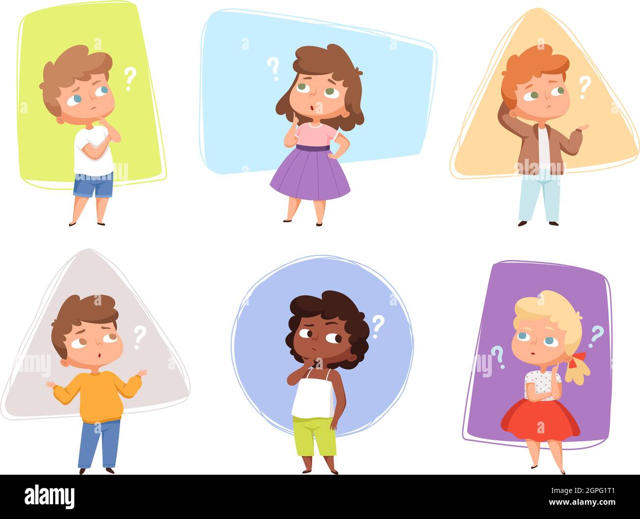 Thinking kids. Children asking question expression and question marks teens vector characters Stock Vector