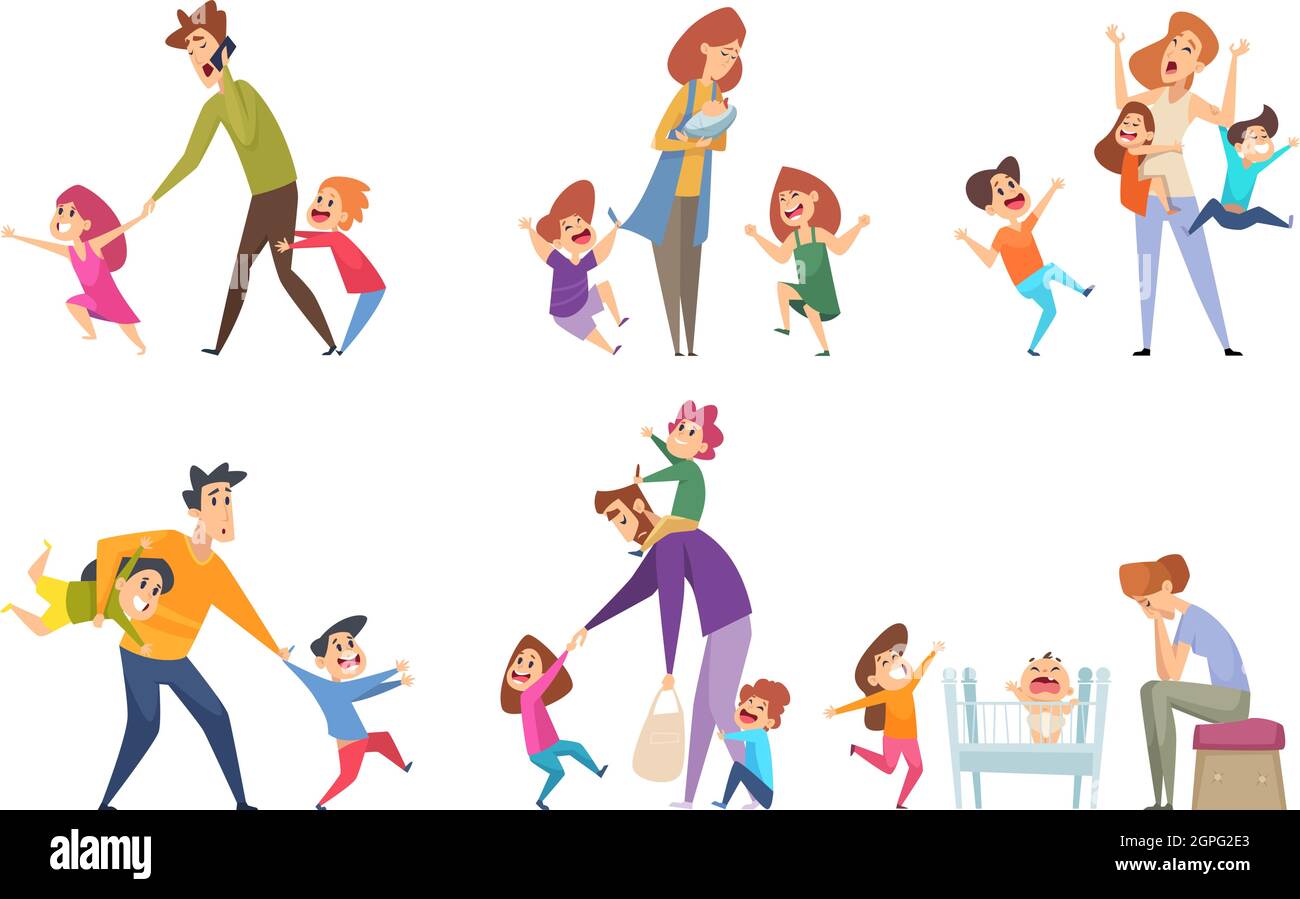 Active kids. Big family tired parents playing with children adult in action poses vector cartoon characters Stock Vector