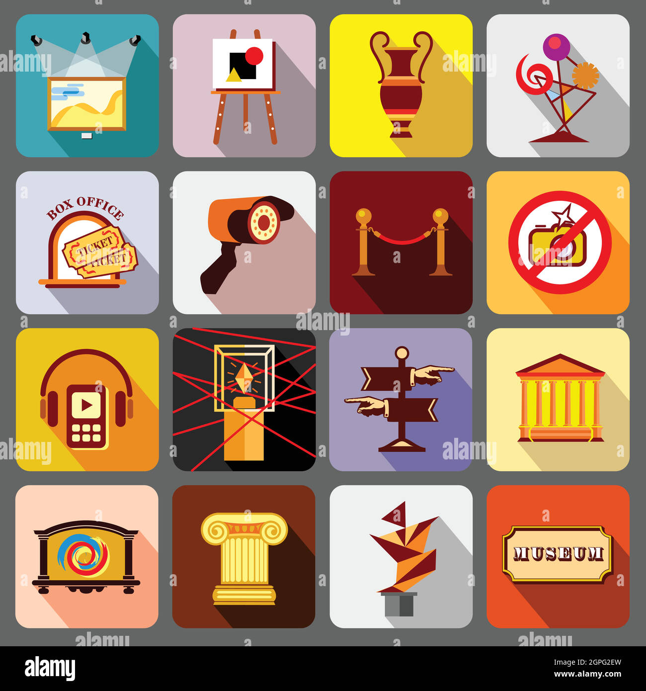Museum icons set, flat style Stock Vector
