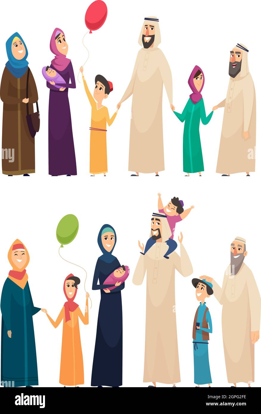 Muslim family. Big arabic happy family saudi people father mother boys girls elders vector characters Stock Vector