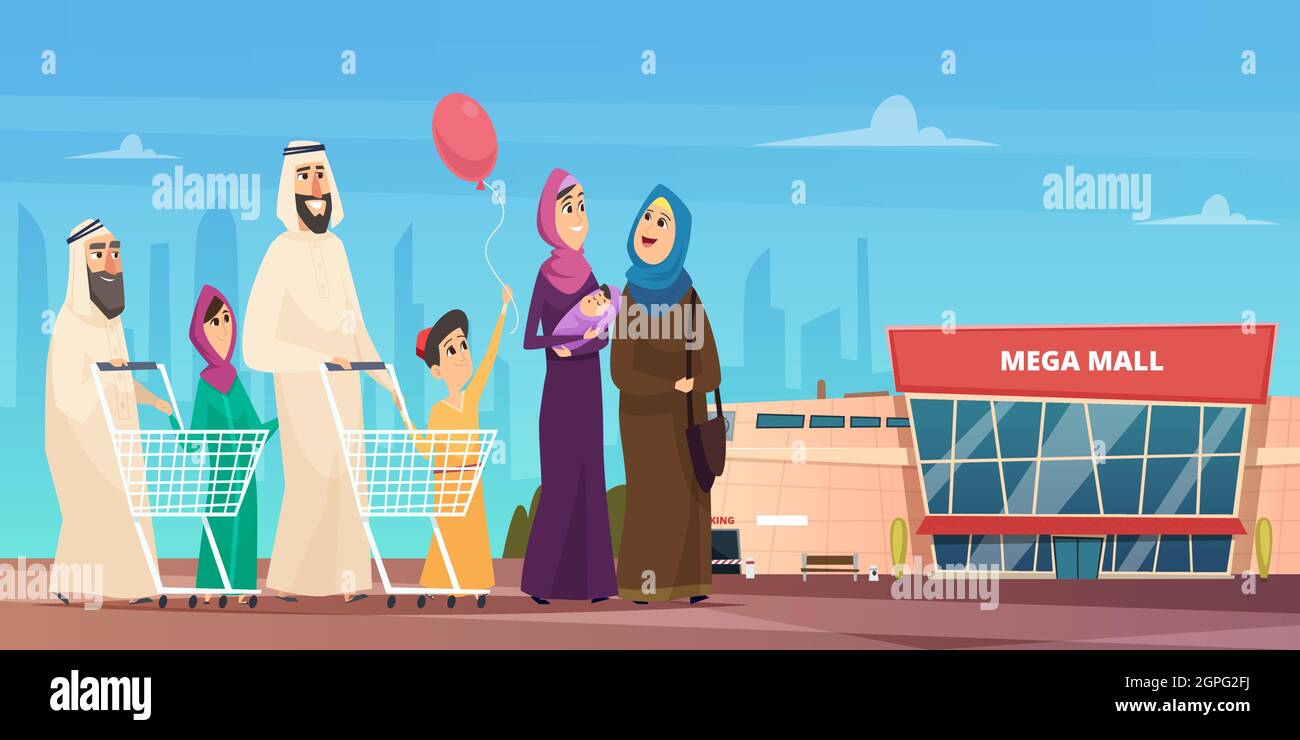 Arabic family shopping. Muslim happy characters going to market saudi clothing vector cartoon background Stock Vector