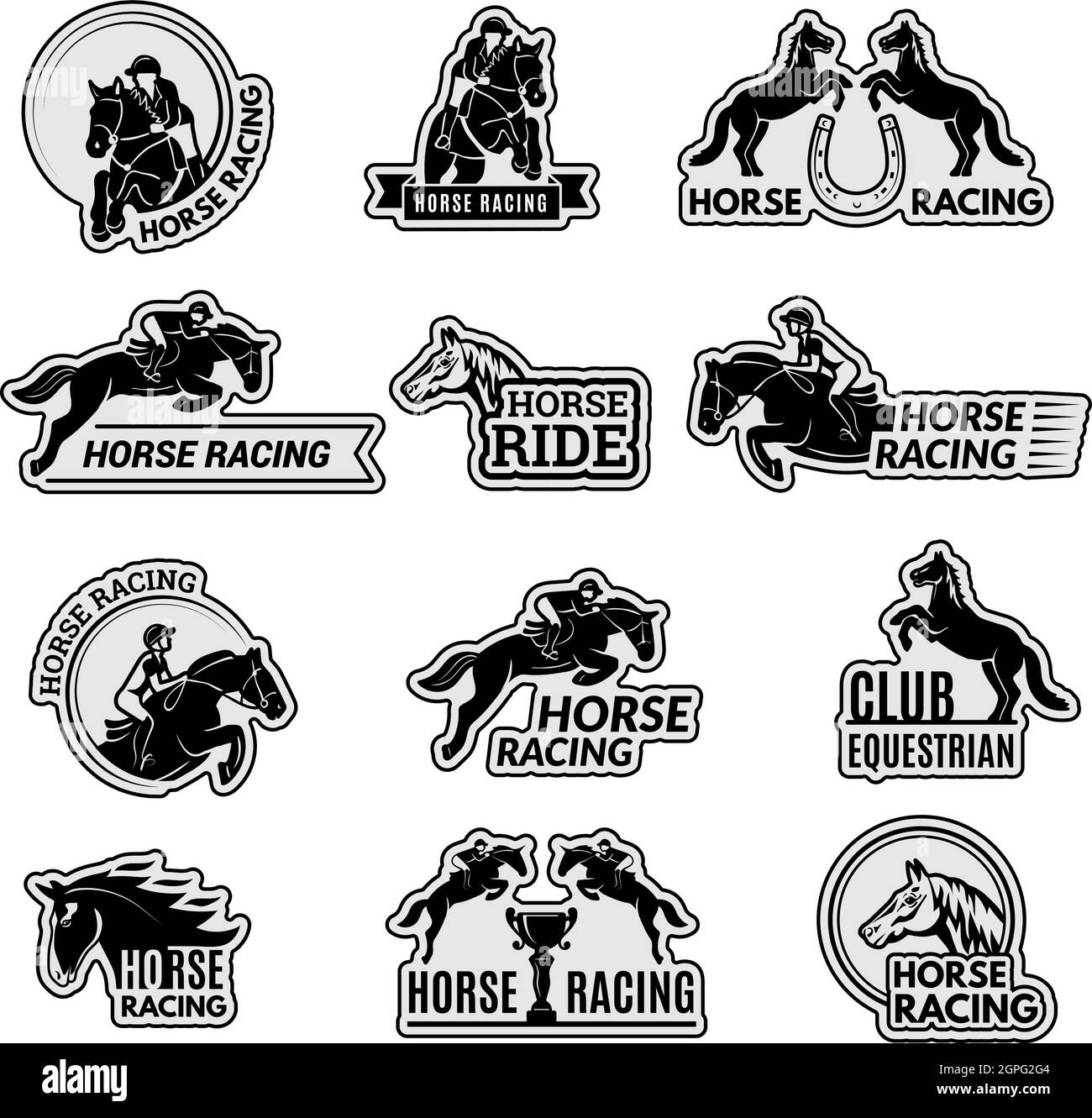 Equestrian club logo. Racehorse sport emblems collection stallion domestic riding animals vector pictures Stock Vector