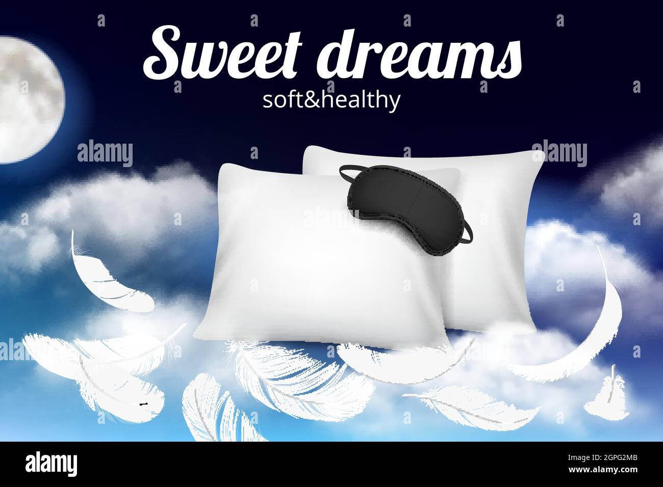 Night dreams poster. Relax concept placard with soft comfortable pillow