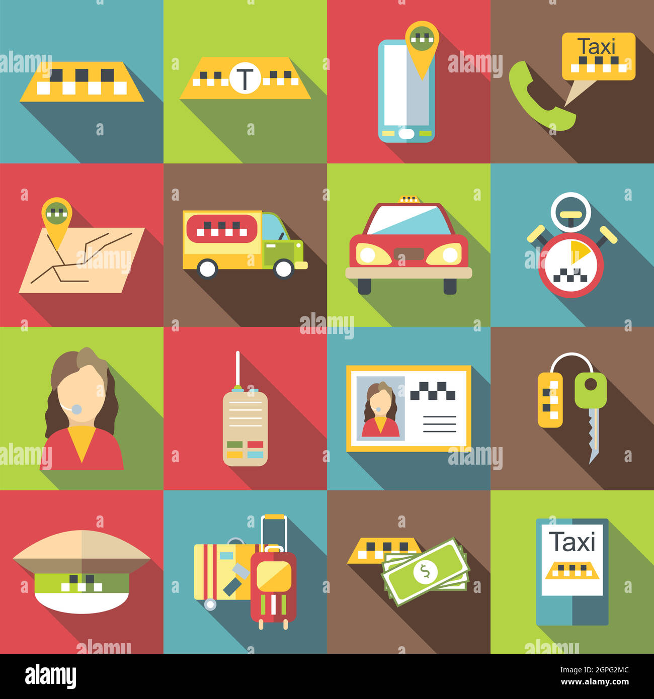 Taxi service icons set, flat style Stock Vector