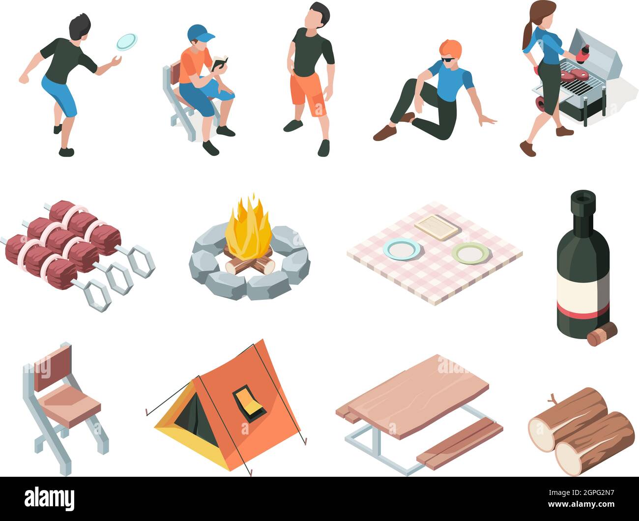 Bbq party. People relax picnic outdoor barbecue fresh products eating persons family playing vector isometric Stock Vector