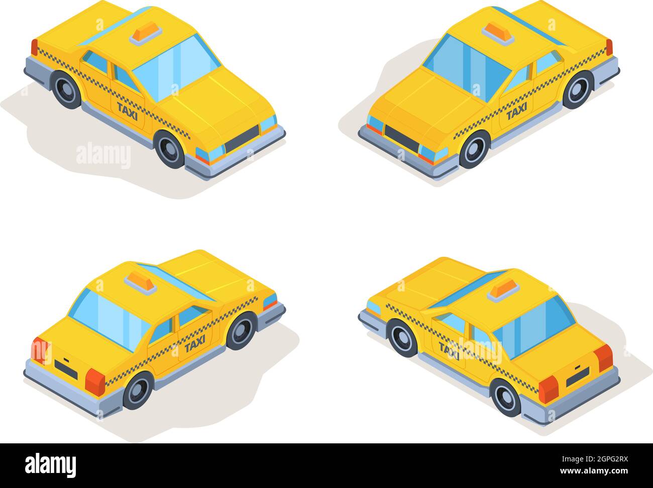 Taxi cars. Yellow service vehicles passenger machines isometric various point view vector Stock Vector