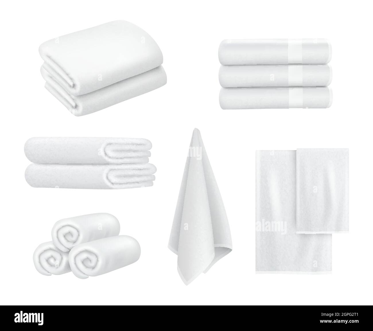 Towel stack. Luxury hotel textile items for bathroom sport or resort spa hygiene items white towels vector collection realistic Stock Vector