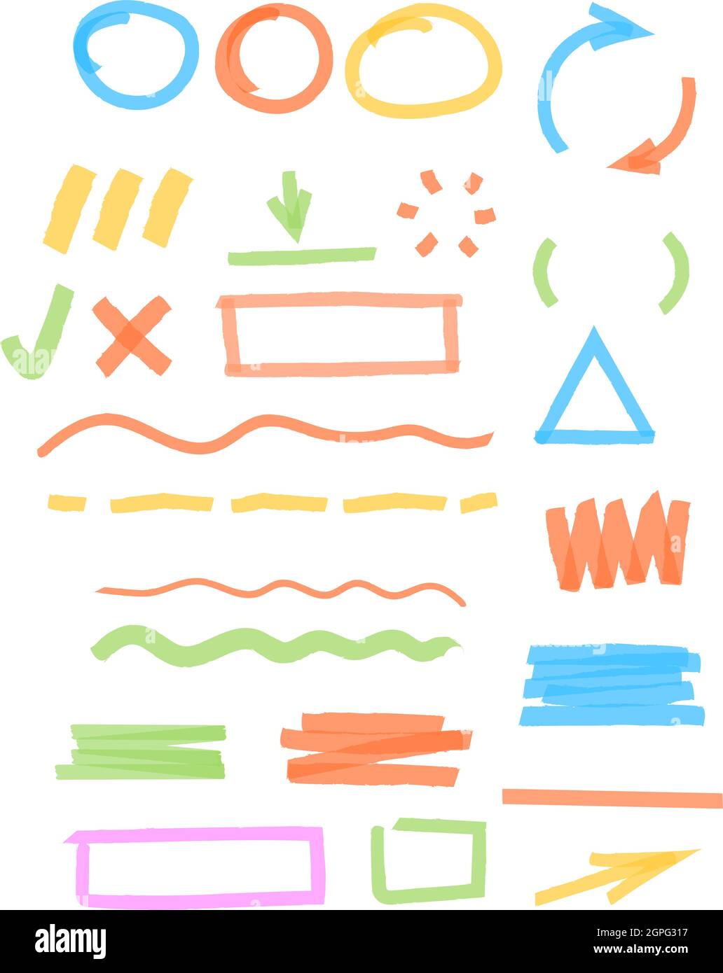 Colored marker highlights. Drawing strokes elements round and square frames transparent stripped lines scribble vector templates Stock Vector