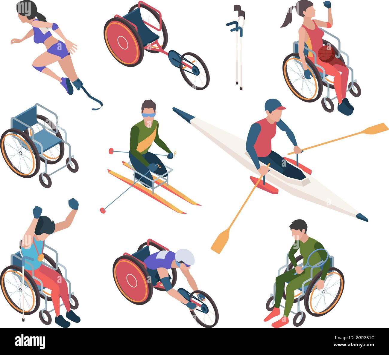 Paralympic games. Athletic disability persons in olympic sport celebration vector isometric characters Stock Vector