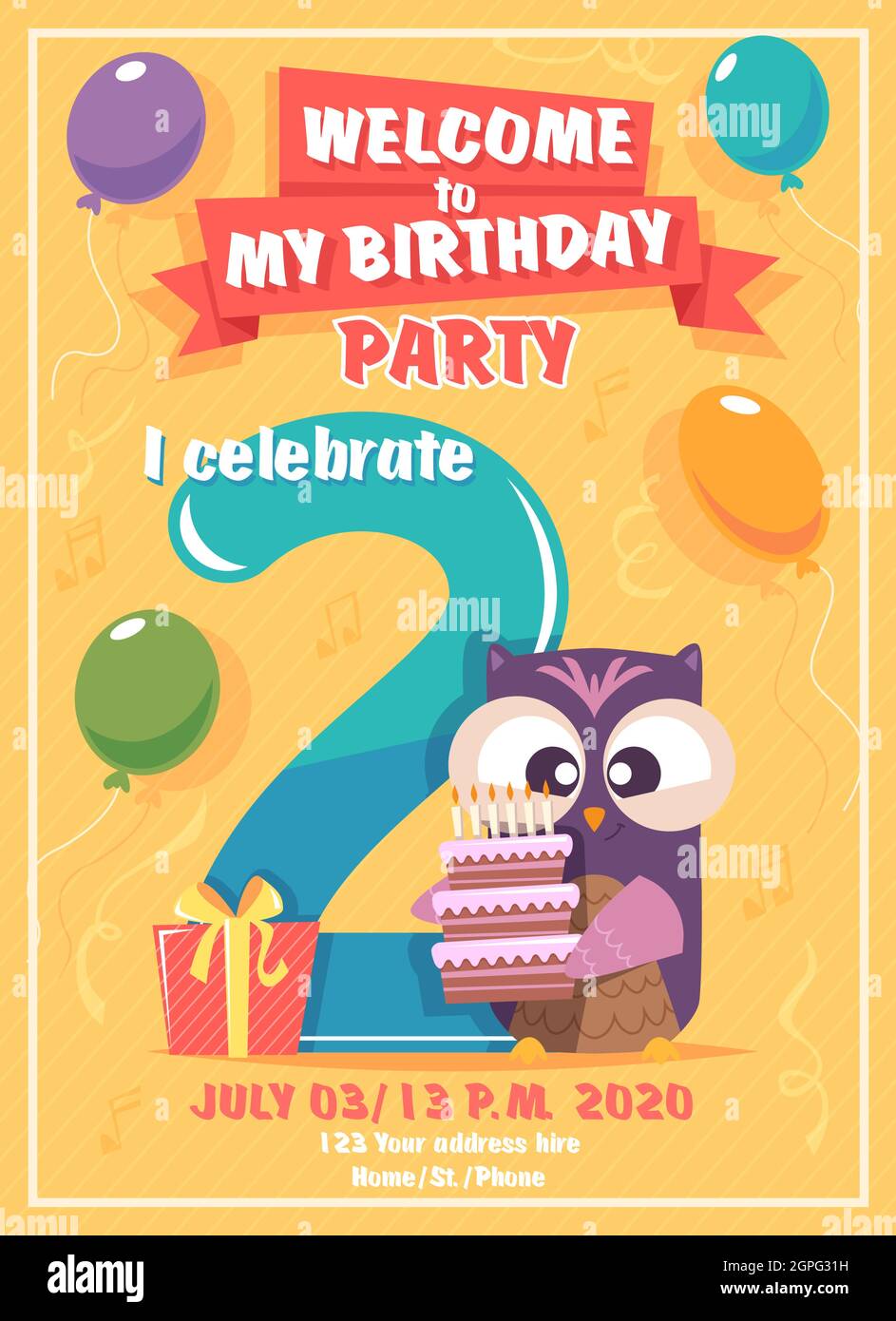 Birthday invitation. Kids poster with owls funny characters vector placard  template Stock Vector Image \u0026 Art - Alamy, image size:943x1390