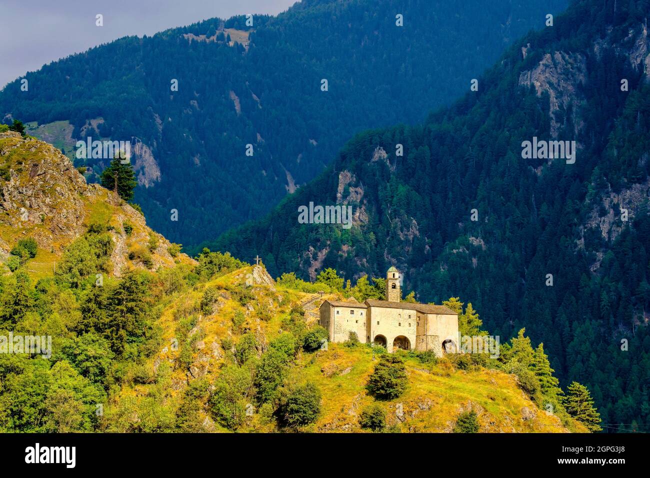 Magnificent view of St. Agnese church. Sondalo, Valtellina, Lombardy, Italy. Stock Photo