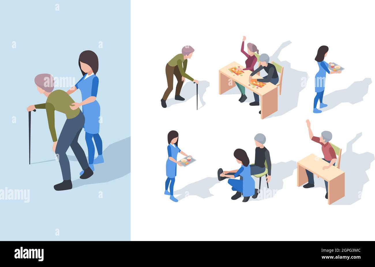 Elderly nursing clinic. Playing senior exercises medical staff helping elderly person vector isometric people Stock Vector
