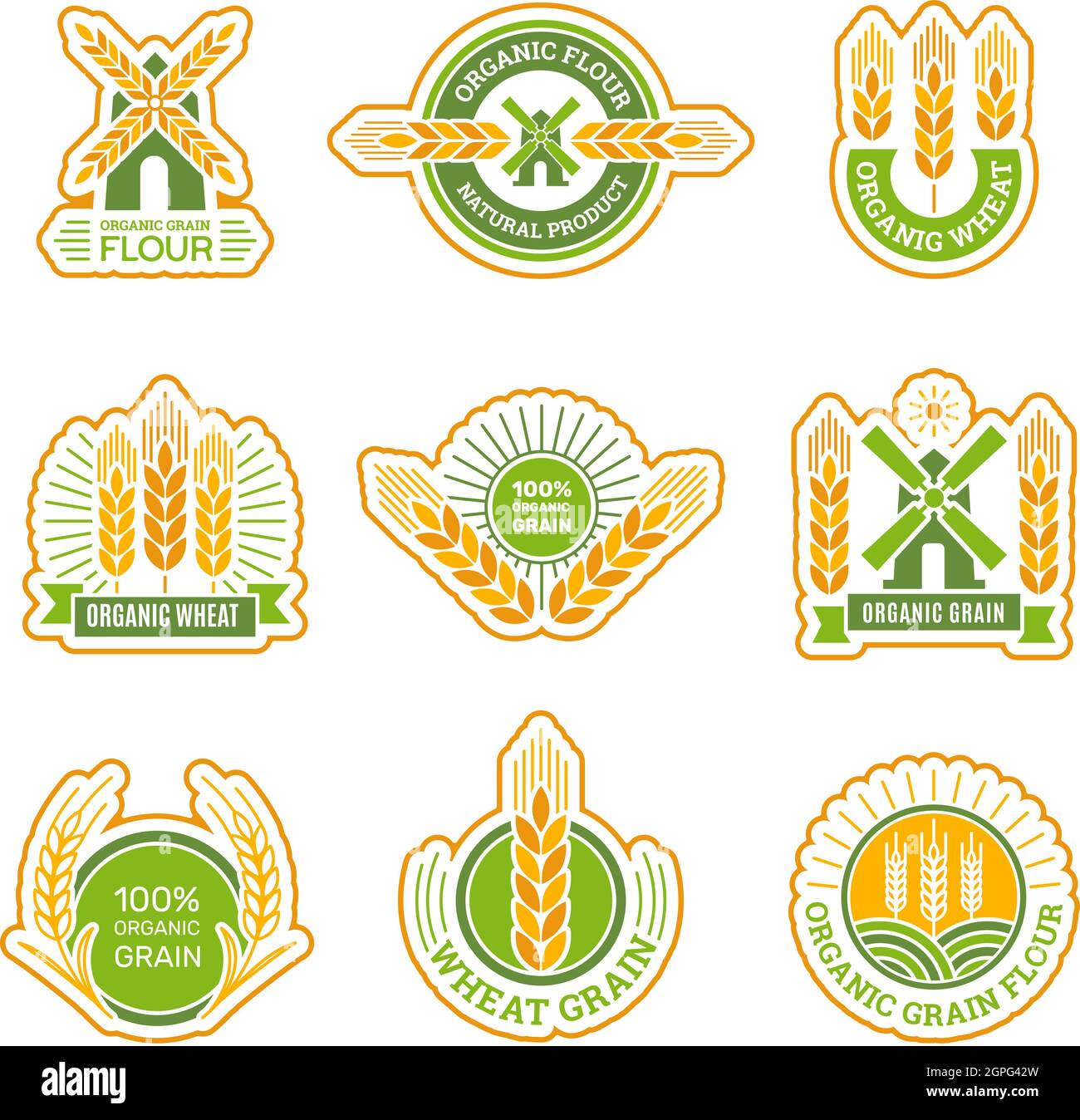 Wheat badges. Field grain farm fresh flour products circle labels vector collection Stock Vector