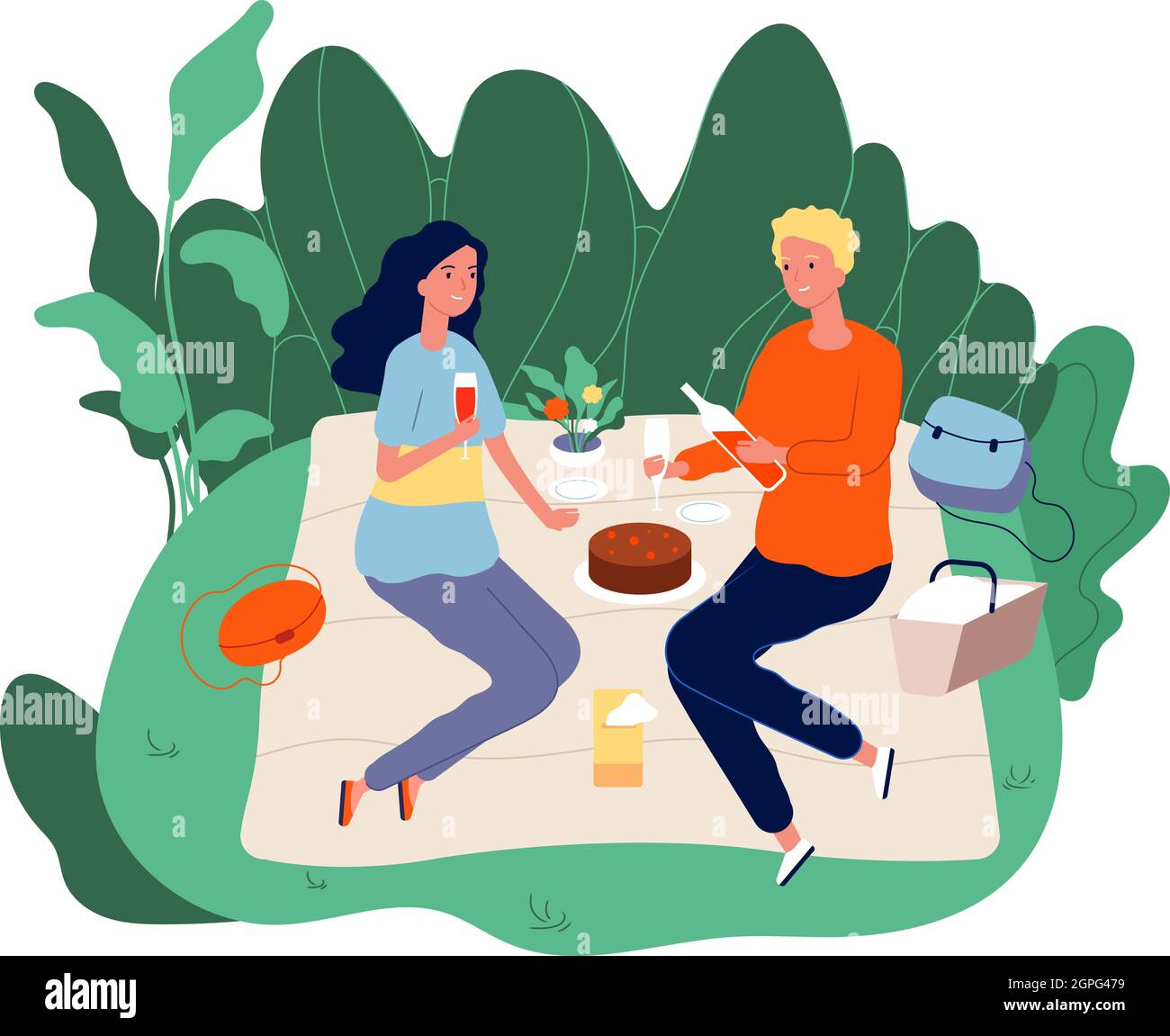 Picnic time. Girl boy drinking wine and eating on nature. Birthday cake and flowers, happy couple relaxing vector concept Stock Vector
