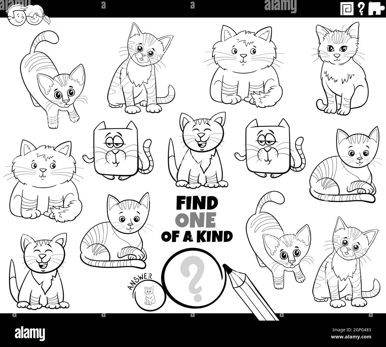 one of a kind task with cute cartoon cats coloring book page Stock Vector