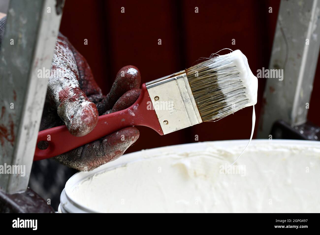 Photo of a man applying white color on a paintbrush to paint house exterior Stock Photo Alamy