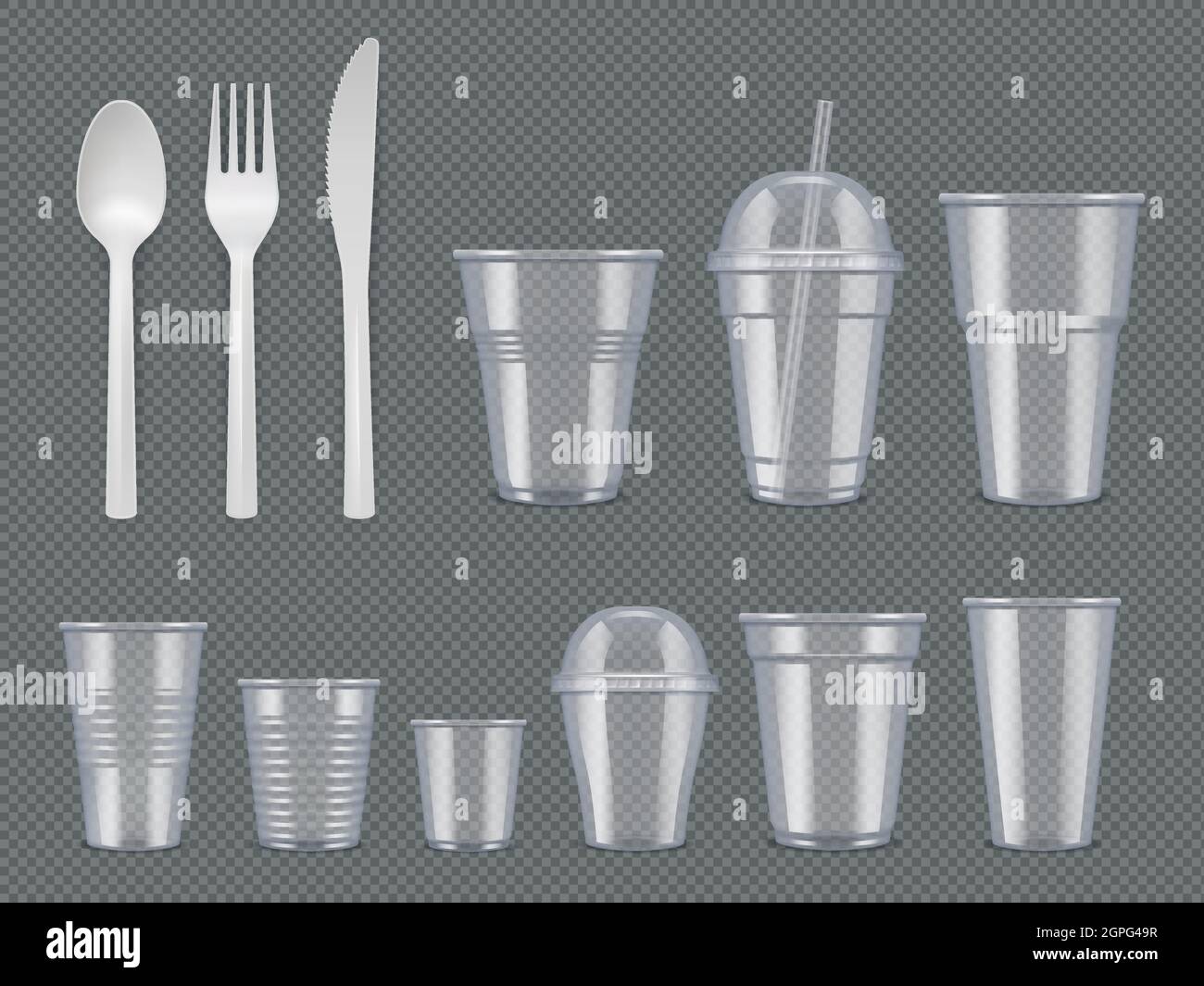 Disposable utensils. Plastic tableware knives forks spoons glasses cups