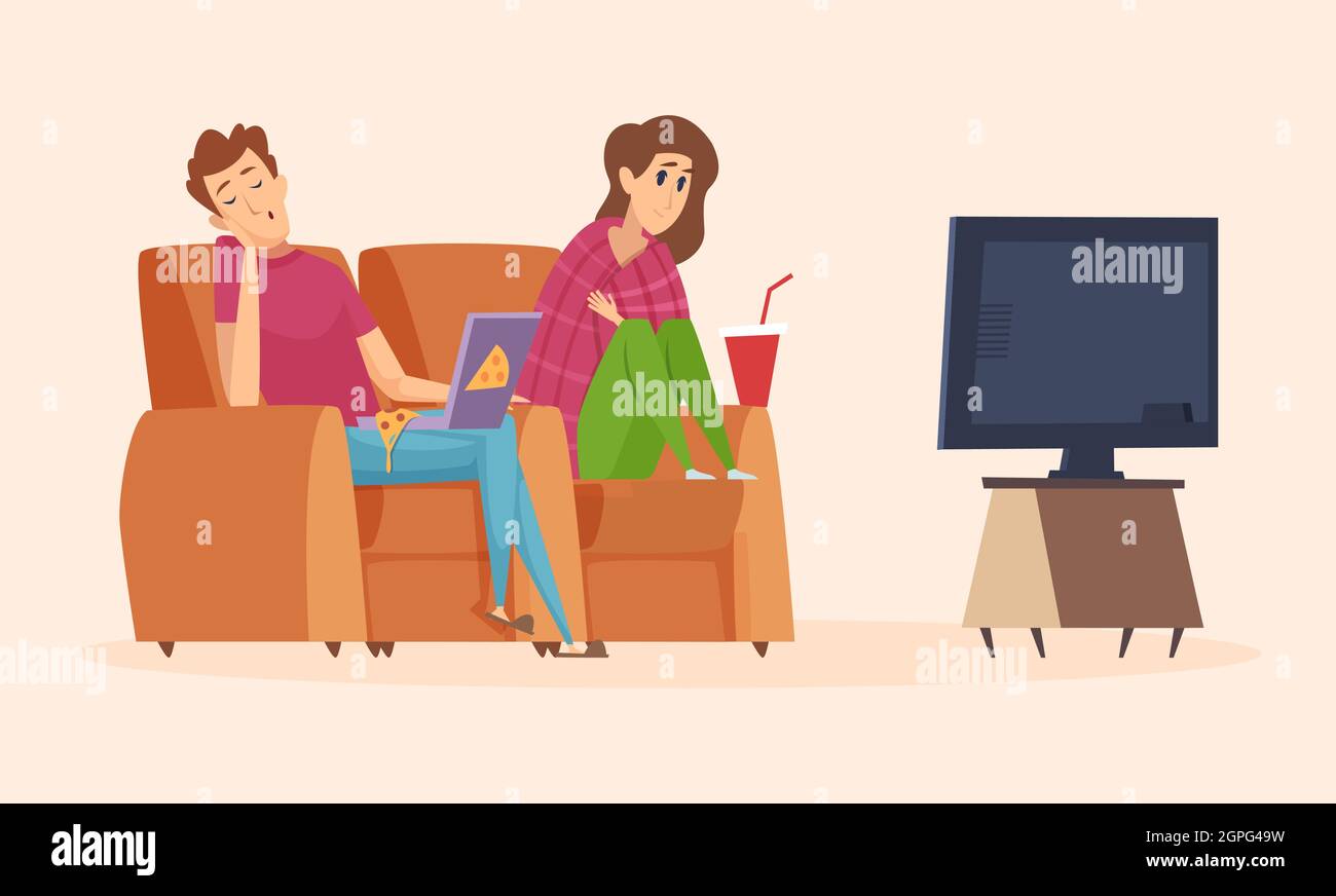 Couple watching TV. Isolation period, lazy man woman eating pizza. Guy fell asleep in chair, girl in plaid see night show vector illustration Stock Vector