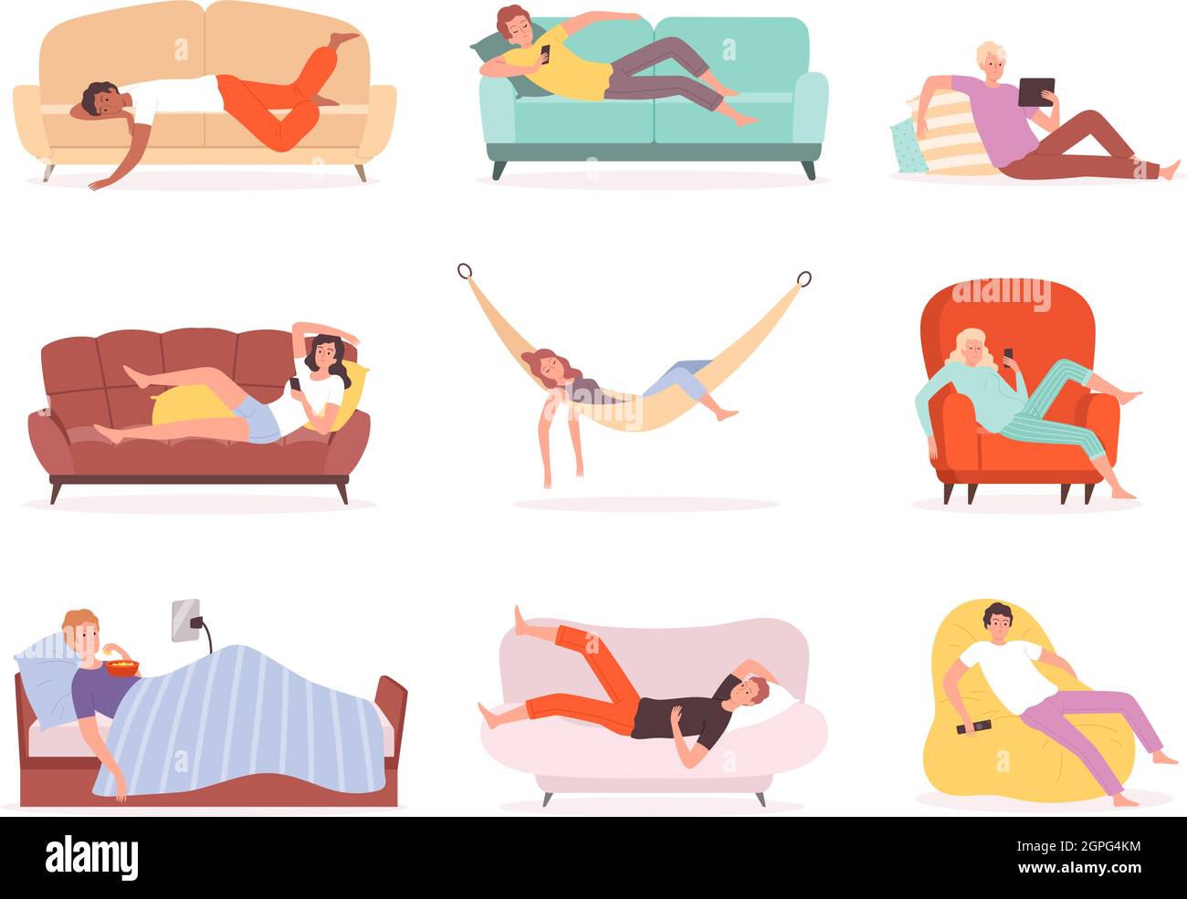 Laying people. Characters relaxing and watching tv on sofa lying lifestyle comfortable sleeping or sitting in armchair vector persons Stock Vector