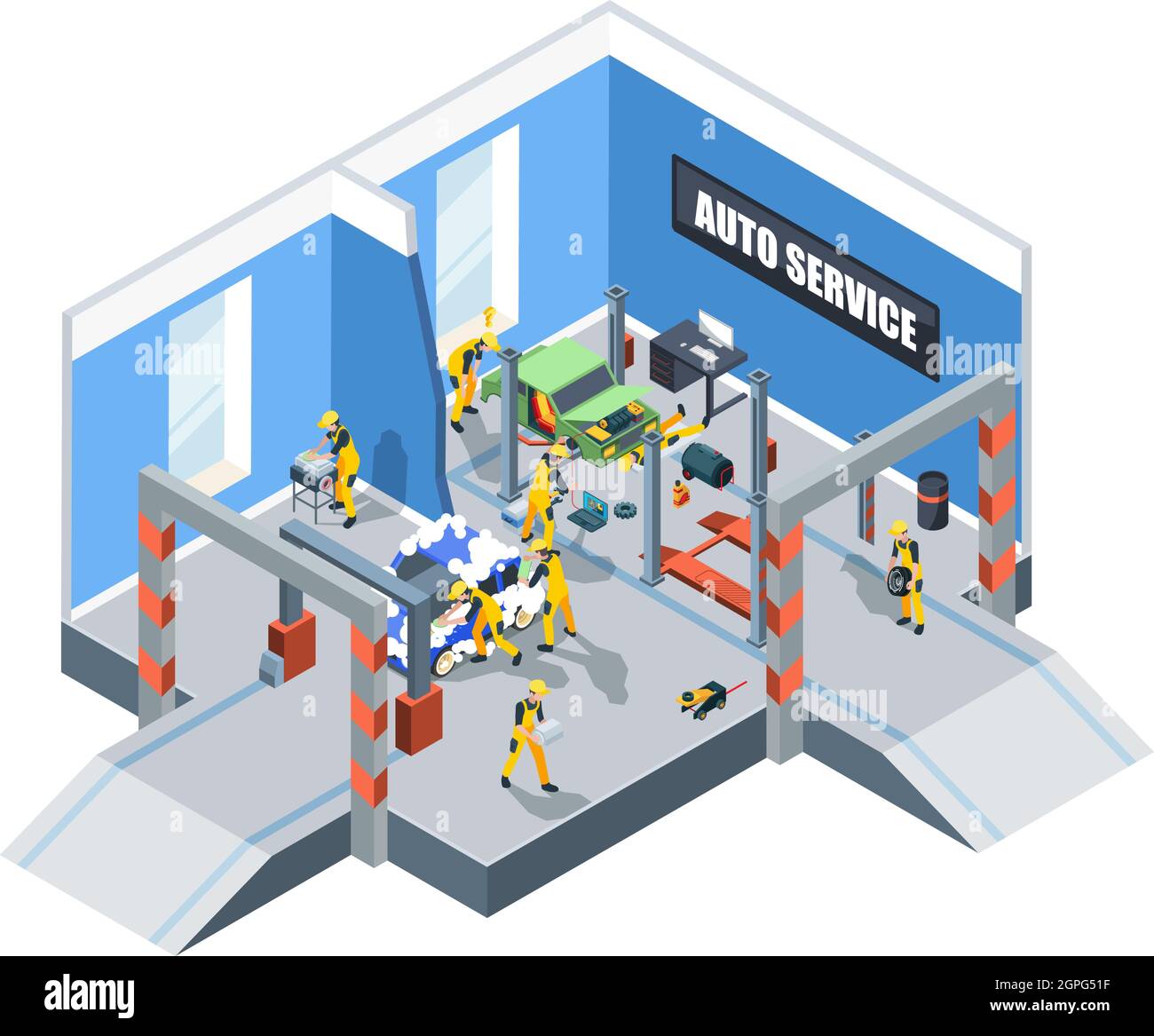 Car washing. Auto service repair and cleaning service mechanic workers in garage interior vector isometric cars and people Stock Vector