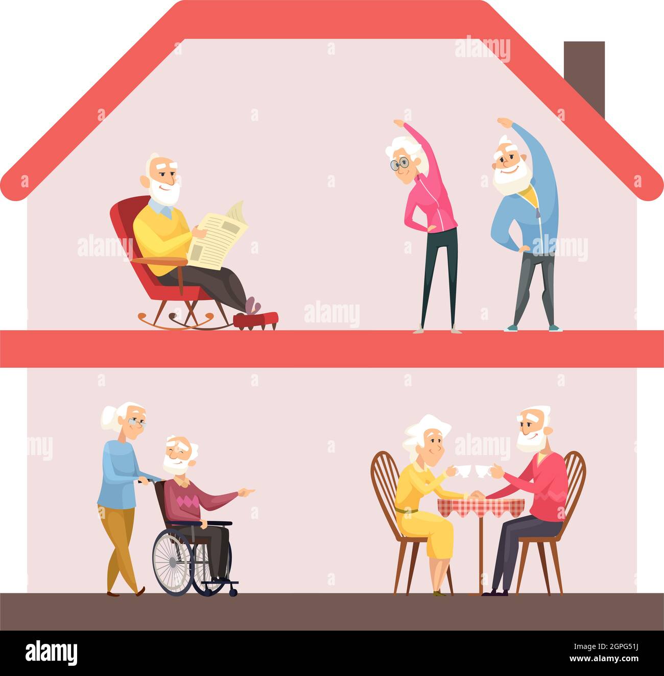Stay home concept. Nursing house, elderly lifestyle. Senior people doing sport, drink tea and reading. Retired life vector illustration Stock Vector