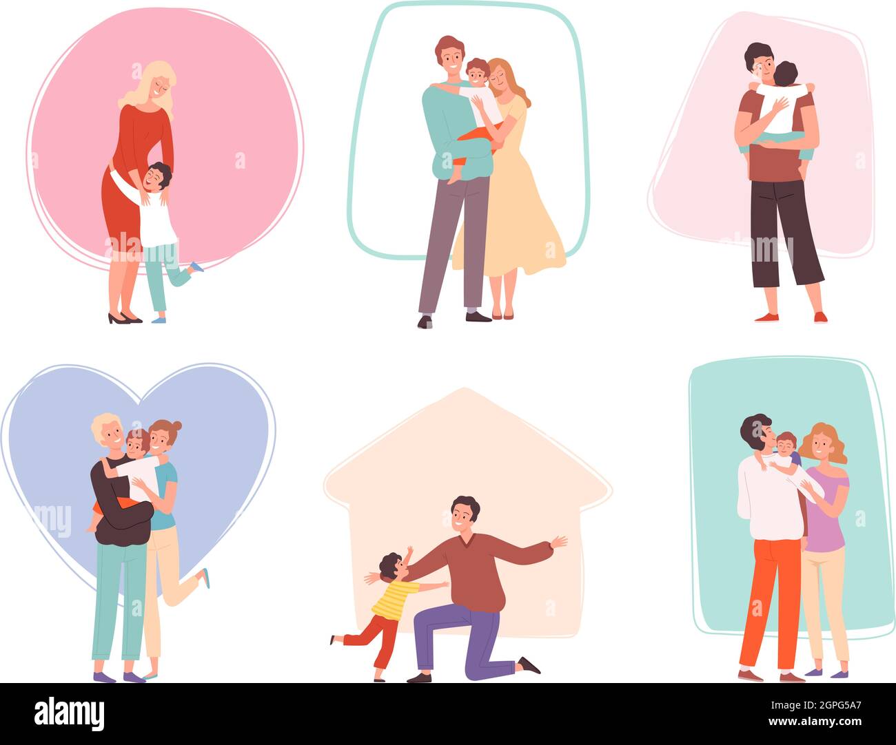 Hugging kids. Parents embrace their children. Happy family characters comforted talking mother father and baby vector group Stock Vector
