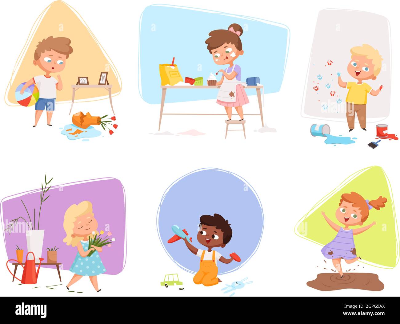 Messy kids. Happy children playing in various energy games making troubles destroy toys delinquent vector characters Stock Vector