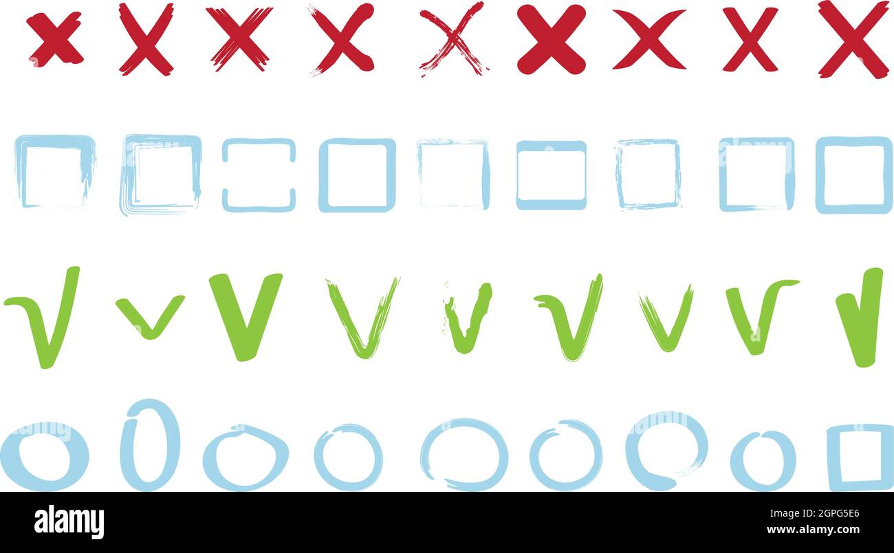 Check marks collection. Approve false reject signs geometrical square and circle shapes vector symbols Stock Vector
